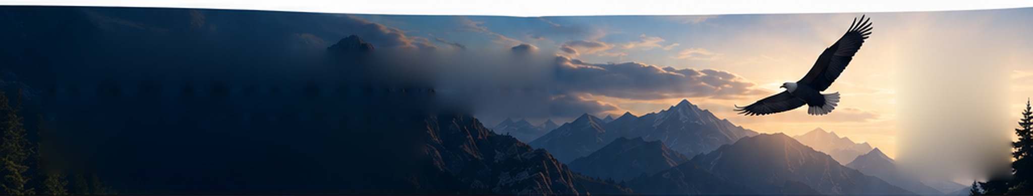 Bald eagle soaring over mountains at sunrise