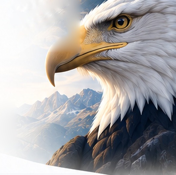 Bald eagle in front of sunlit mountain peaks