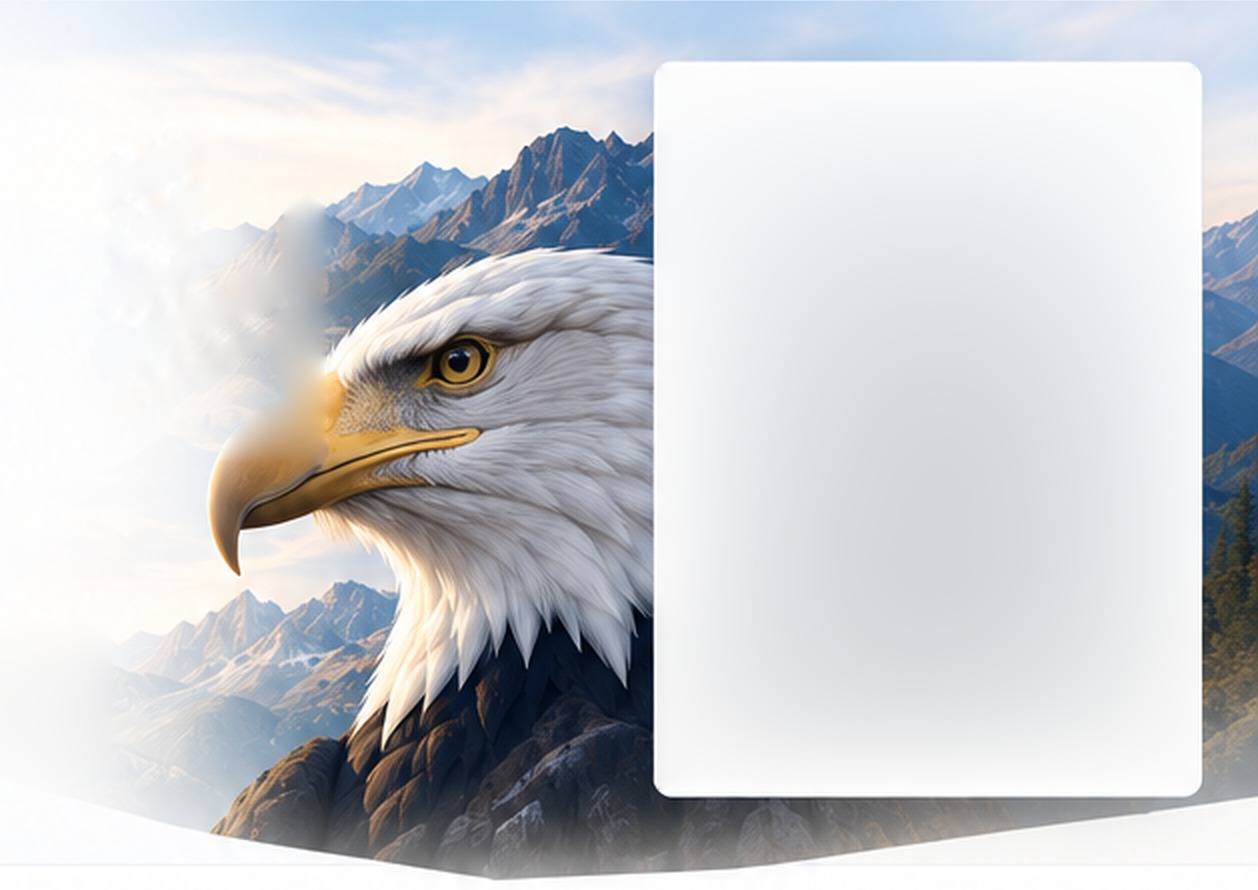 Bald eagle in front of sunlit mountain peaks